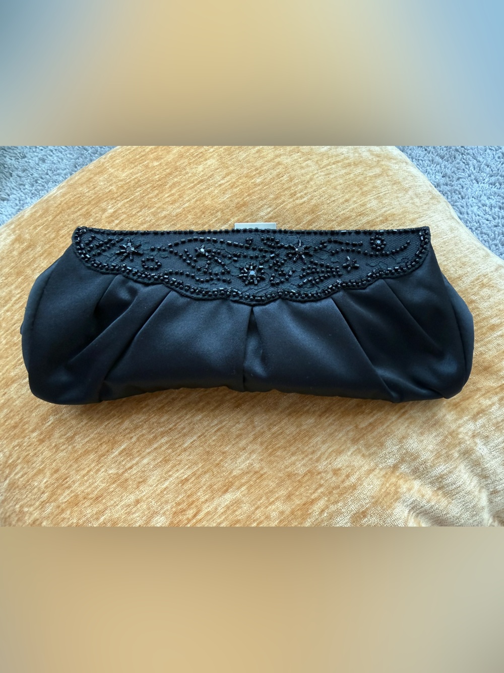 Ann Taylor Black Beaded Lace Satin Clutch Bag